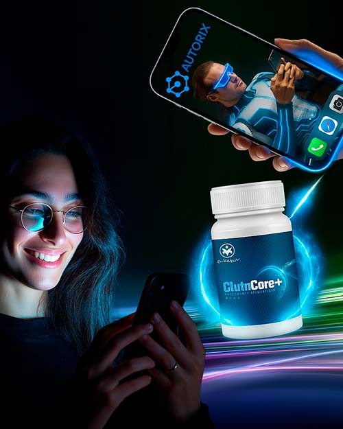 Persona usando el celular con app de AUTORIX y GlutaCore+ en pantalla