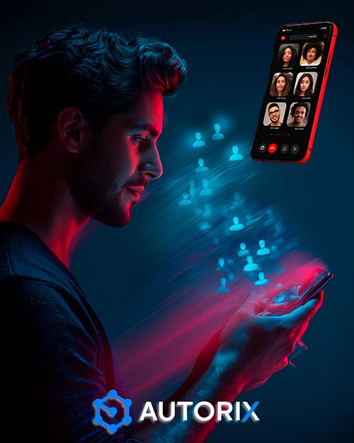 Hombre joven visualizando conexiones digitales desde su celular con app de red multinivel