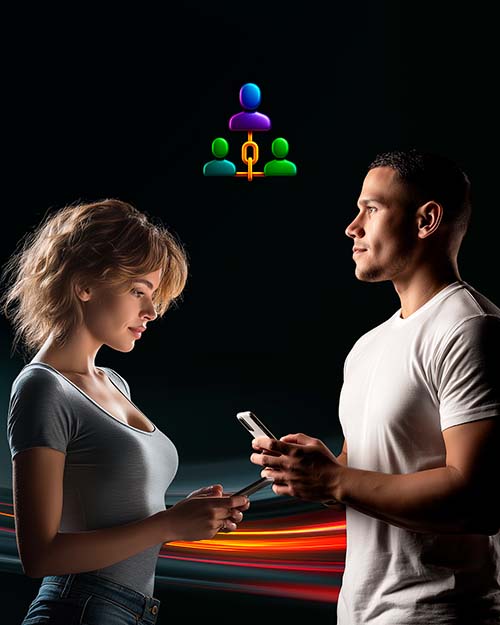 Dos personas construyendo un equipo binario equilibrado desde sus móviles