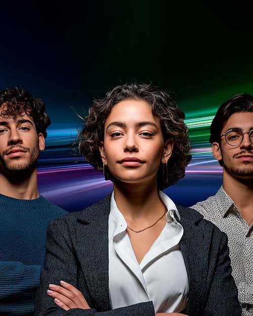 Líderes con actitud de crecimiento frente a una red digital iluminada